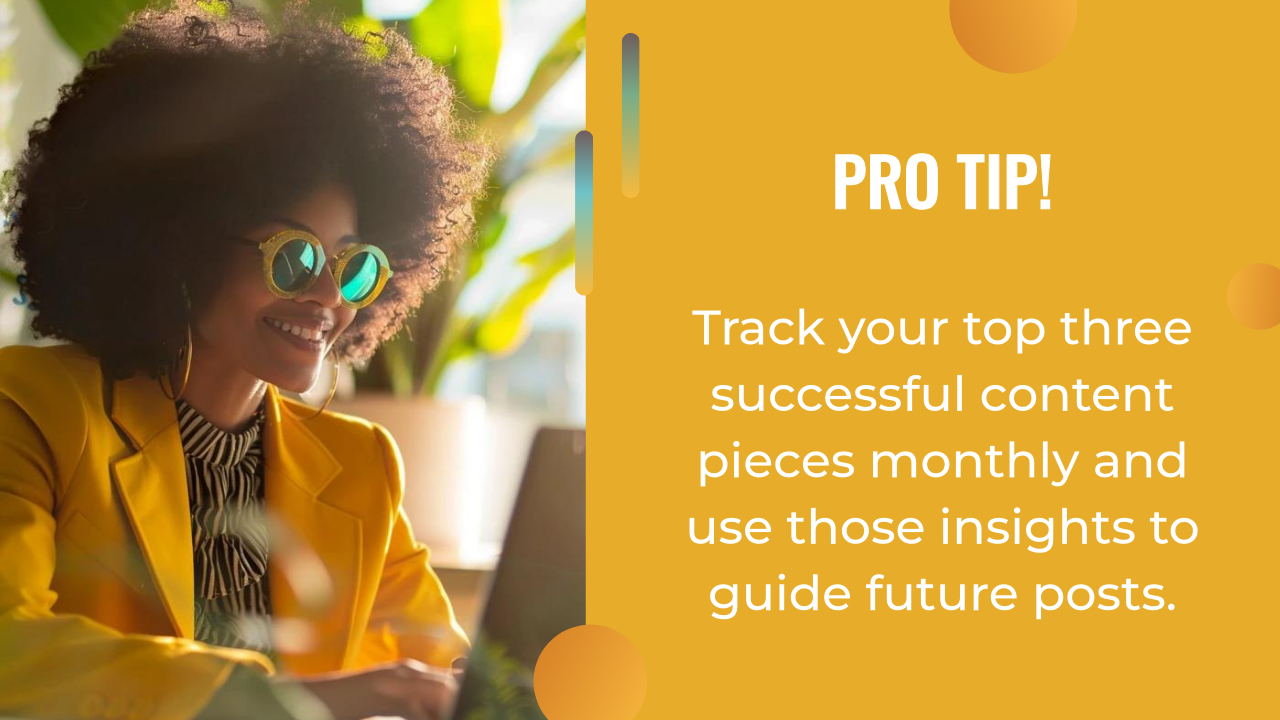 A woman wearing sunglasses and a yellow blazer works on a laptop. Text beside her offers a tip about using AI marketing automation to track successful content pieces and guide future posts.