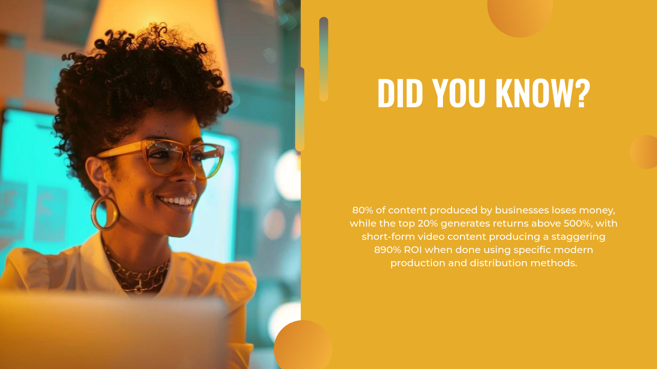 A woman wearing glasses smiles while looking at a computer; text states facts about ai content creation, content marketing ROI, and short-form video effectiveness.