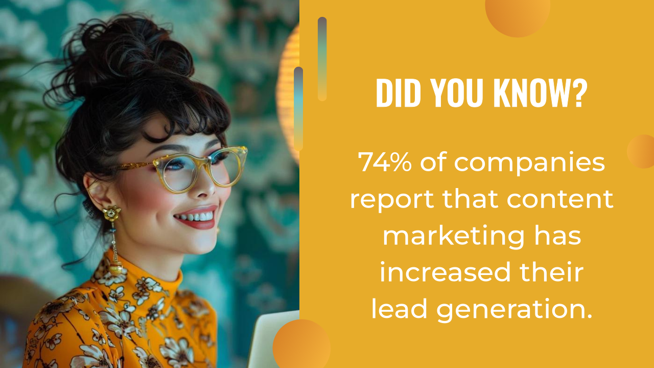 A smiling woman wearing glasses and a floral top sits by a laptop. Text on the right states 74% of companies say content marketing and ai content creation have increased their lead generation.