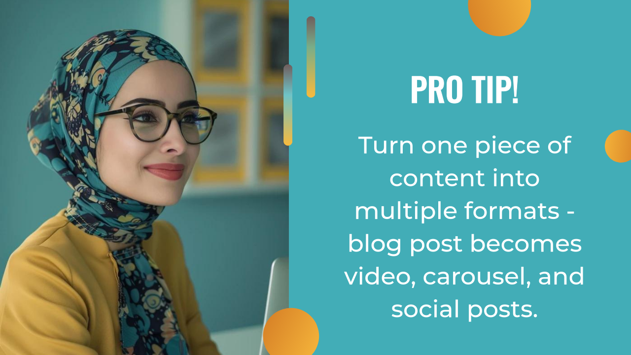 A woman in a patterned headscarf and glasses sits by a laptop. Text reads: "PRO TIP! Use an AI content strategy to turn one piece of content into multiple formats—blog post becomes video, carousel, and social posts.