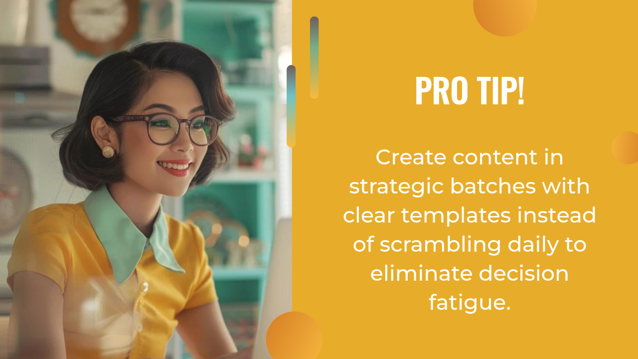 A woman in glasses and a yellow blouse smiles at a computer; next to her, text offers an ai content strategy tip about batch-creating content with templates to avoid daily decision fatigue.