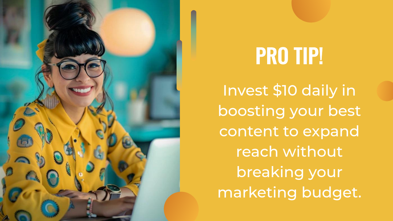A woman in a yellow patterned shirt smiles at her laptop; text beside her suggests investing $10 daily to boost content with an AI content strategy and expand marketing reach on a budget.