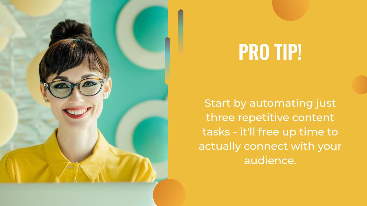 Smiling woman in glasses sits in front of a laptop; text on yellow background shares an ai content strategy tip for automating tasks and freeing up more time for audience engagement.