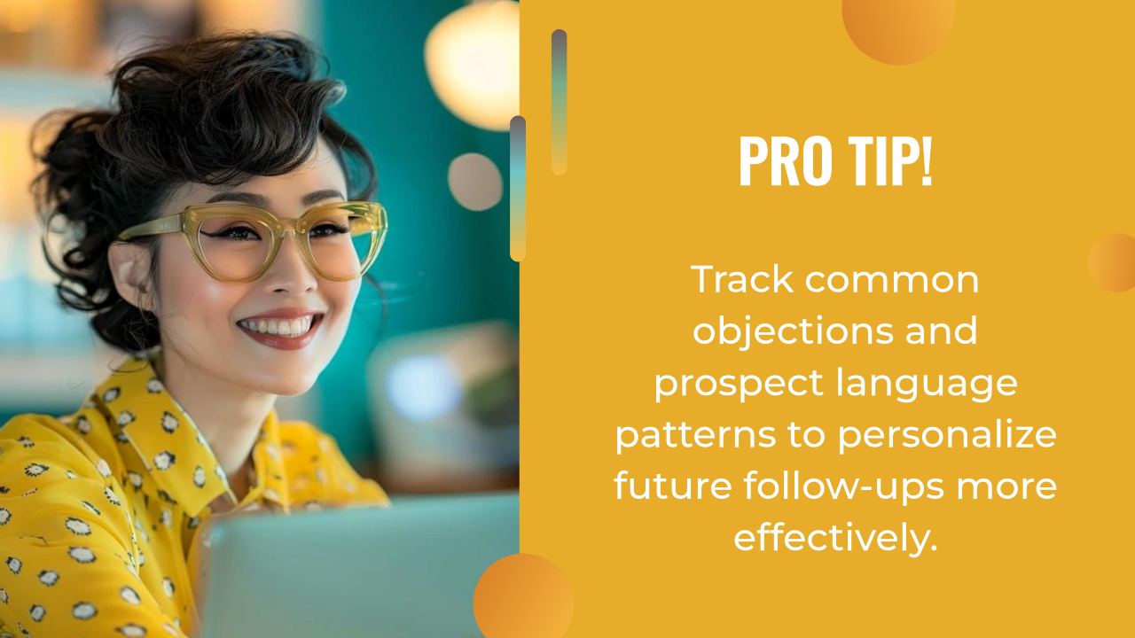 A smiling woman wearing yellow glasses sits at a desk. Text reads: "PRO TIP! Use ai email personalization tools to track common objections and prospect language patterns for more effective, tailored follow-ups.
