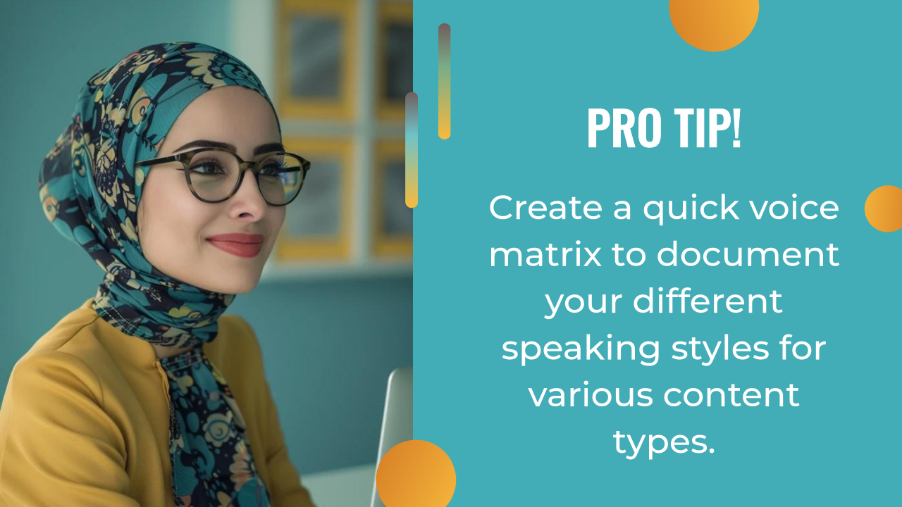 A woman in a patterned headscarf and glasses smiles at her desk; beside her, text offers a pro tip about using an AI writing assistant to create a voice matrix for different speaking styles.