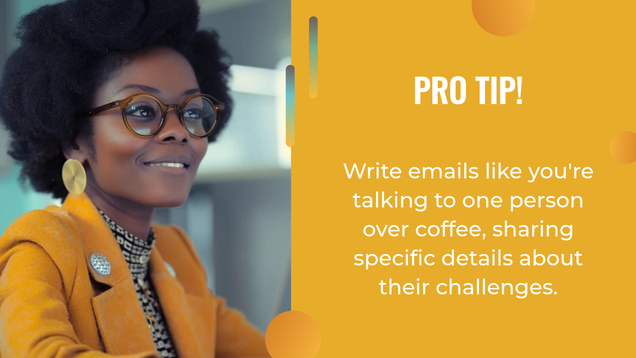 A woman in glasses and a yellow jacket smiles; beside her, text reads: "Pro tip! For email marketing lead generation, write emails like you're talking to one person over coffee, sharing specific details about their challenges.