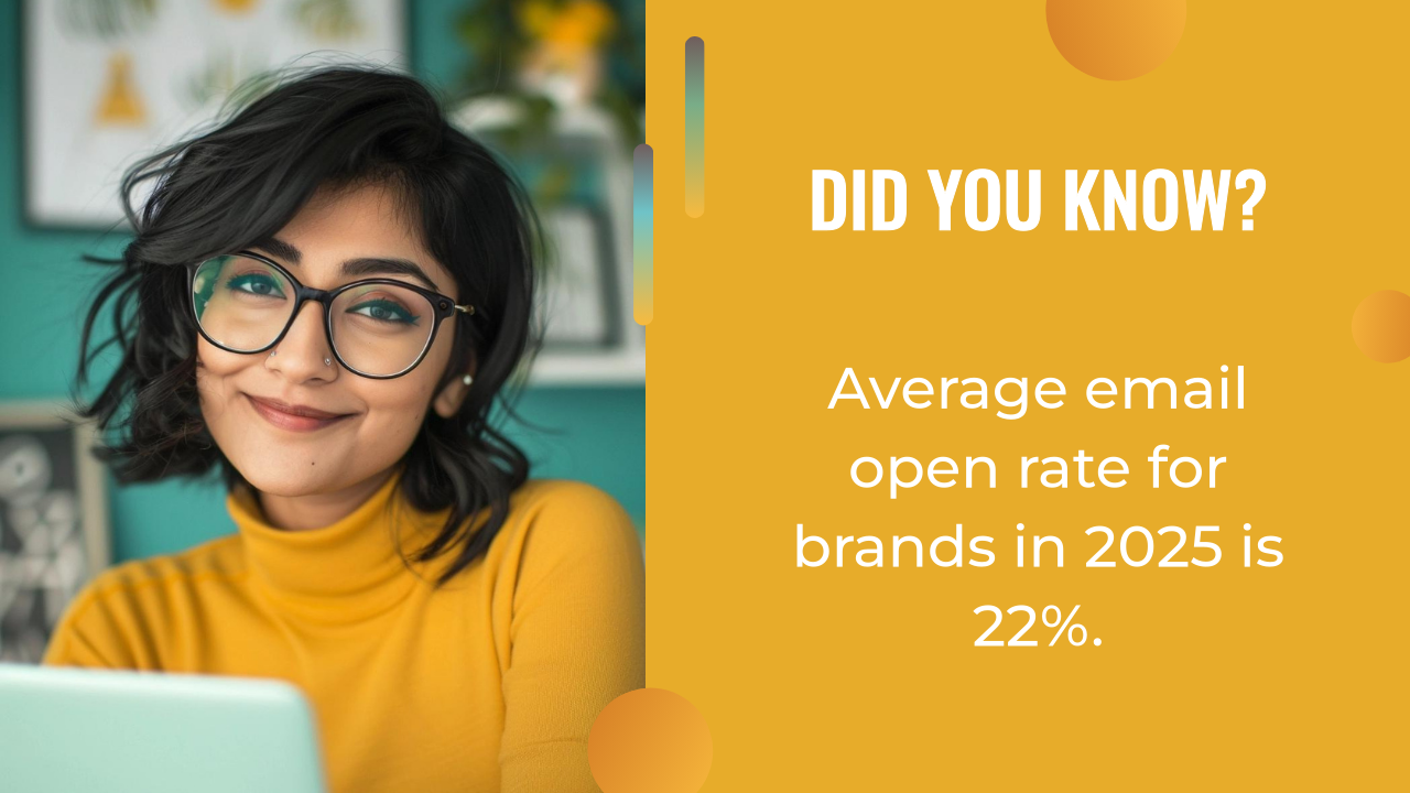 Woman with short dark hair and glasses sits smiling by a laptop. Text reads: "Did you know? Average email marketing open rate for brands in 2025 is 22%—a key stat for lead generation success.