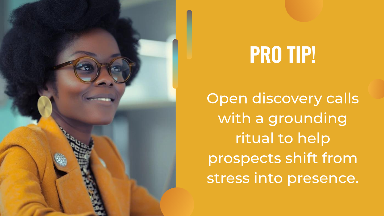 A woman in glasses and a yellow blazer smiles beside a tip: "Open discovery calls with a grounding ritual to help prospects shift from stress into presence—a mindful approach to lead generation for coaches.