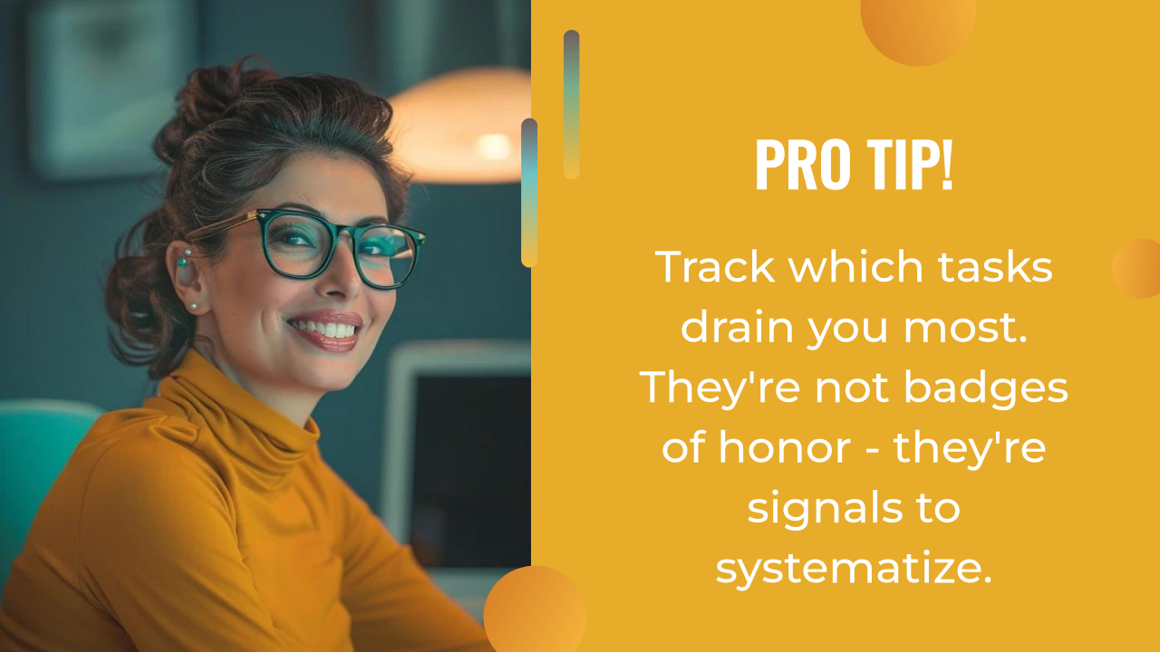 Smiling woman with glasses sits at a desk; text beside her reads, "PRO TIP! Track which tasks drain you most. They're not badges of honor—they're signals to systematize—with an ai content strategy.
