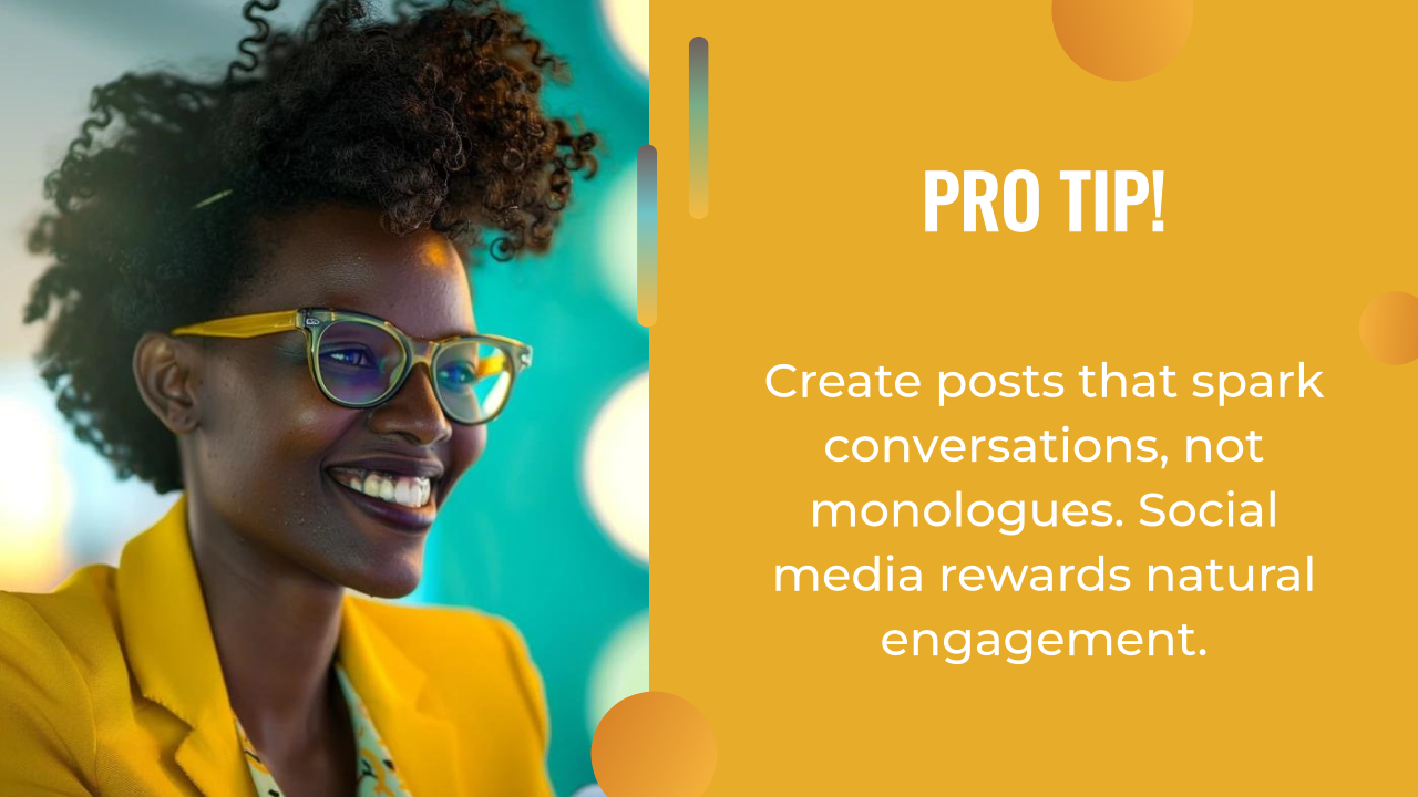 Smiling person in glasses and yellow jacket next to text sharing a social media tip on using an AI content strategy to create posts that spark conversation and boost engagement.
