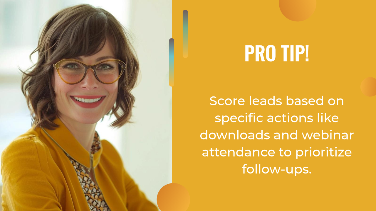 Smiling woman in glasses and a yellow jacket stands next to a yellow box with text about using AI marketing automation to score leads based on actions, helping you prioritize follow-ups effectively.
