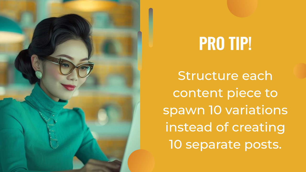 A woman in glasses works at a computer; next to her, text reads: "Pro Tip! Use ai content creation to structure each piece so it spawns 10 variations instead of creating 10 separate posts.