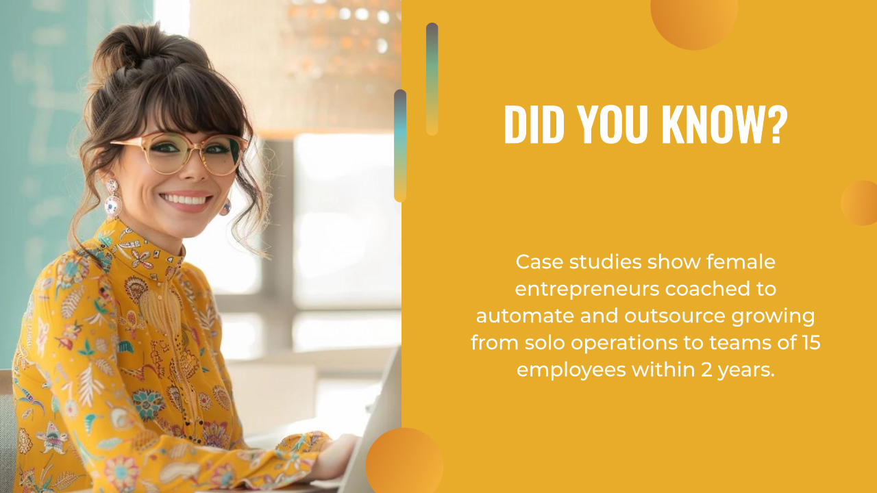 Smiling woman in glasses and yellow floral top works on a laptop; text highlights female entrepreneurs' growth through coaching, ai content creation, and outsourcing.