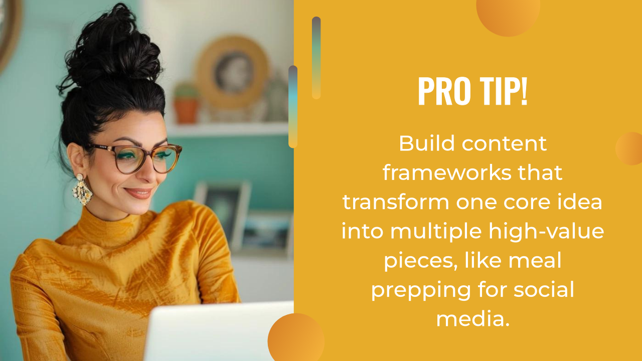 Woman with glasses and hair in a bun smiles at laptop; text beside her shares a tip on building content frameworks for social media efficiency using AI content creation.