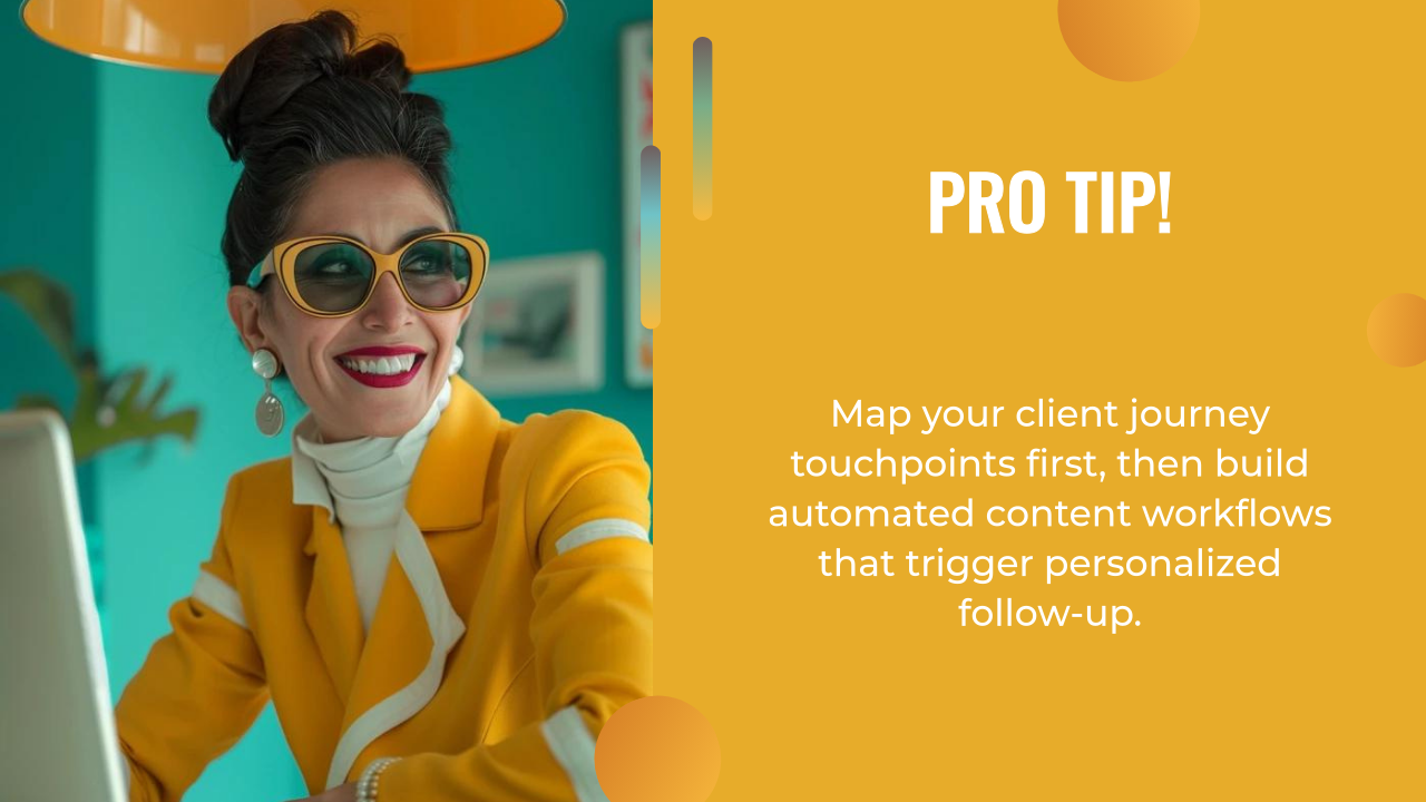 A woman in a yellow outfit and sunglasses sits at a desk, smiling. Text beside her shares a tip about client journey mapping and leveraging ai content creation for streamlined, automated workflows.
