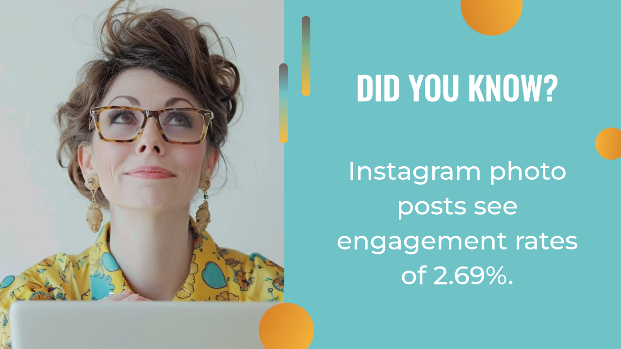 A woman wearing patterned clothing and glasses looks up thoughtfully beside text stating, "Instagram photo posts see engagement rates of 2.69%," highlighting the impact of AI content creation strategies.