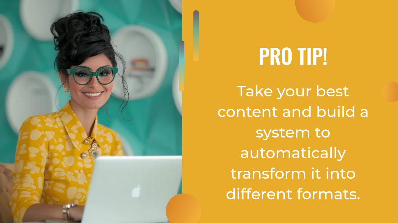 Woman in yellow blouse working on a laptop, with text about using an AI content strategy to automatically convert content into multiple formats displayed beside her.