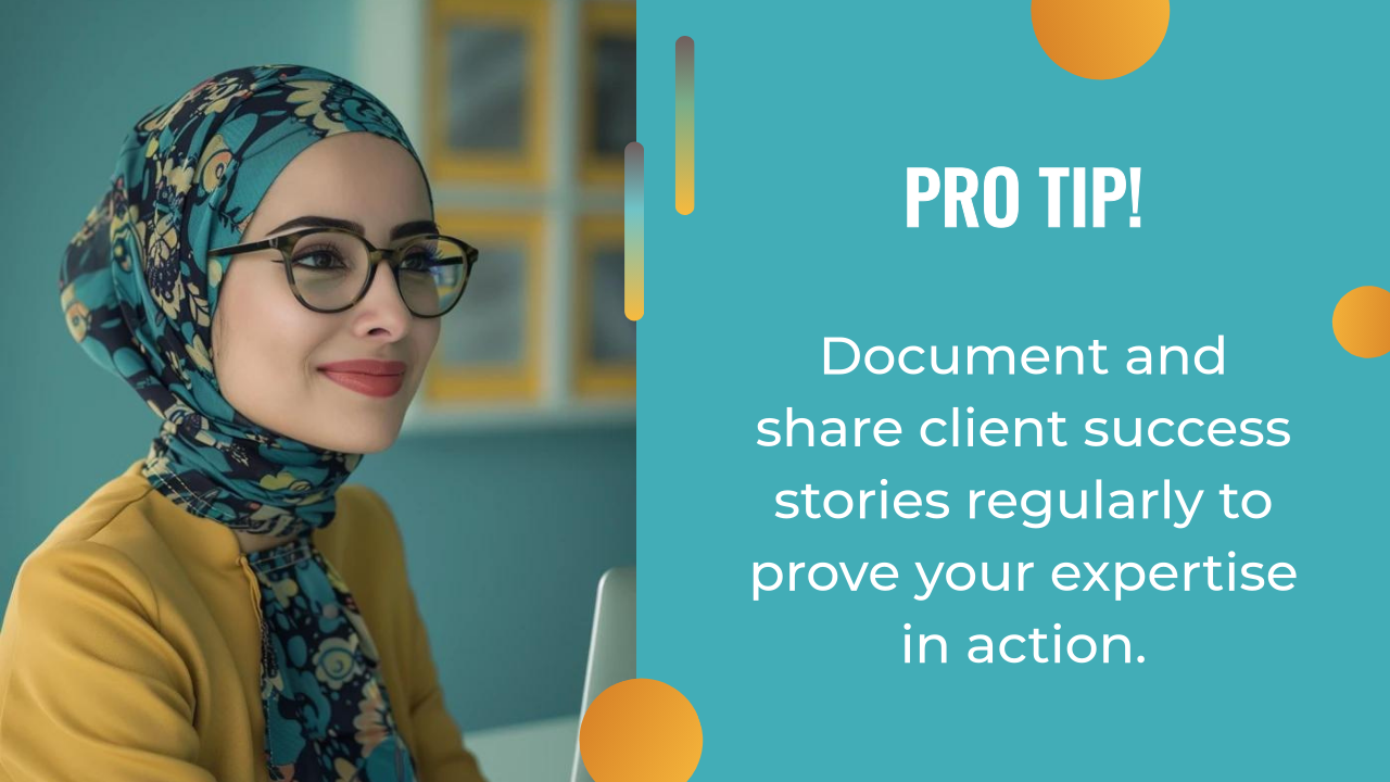 A woman in a patterned headscarf and glasses sits at a desk, next to a tip: "Document and share client success stories regularly to prove your expertise in action—an essential practice for any effective AI content strategy.