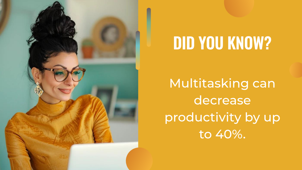 Woman wearing glasses and a yellow top works at a laptop; text beside her highlights that multitasking, even when managing an AI content strategy, can decrease productivity by up to 40%.