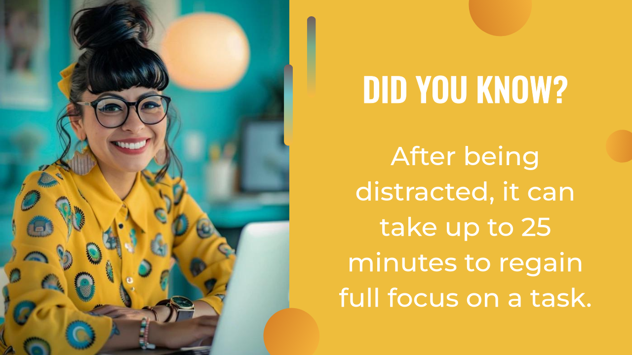 Woman in glasses and a yellow patterned shirt smiles at a desk with a laptop; text notes it can take up to 25 minutes to regain focus after being distracted—making an effective AI content strategy even more important.