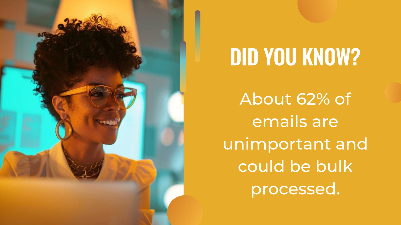 A woman wearing glasses and earrings smiles at a computer; next to her, text notes about 62% of emails are unimportant and could be bulk processed with an AI content strategy.