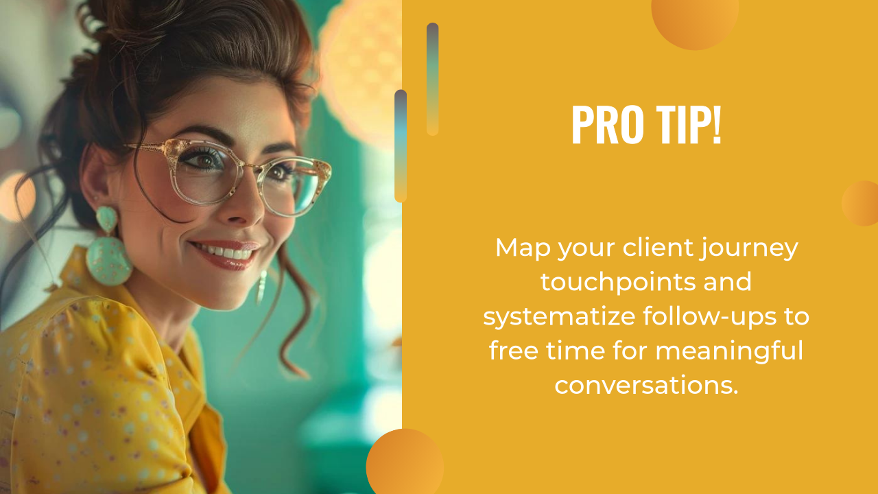 A woman with glasses smiles at the camera; beside her, text offers a tip about mapping client touchpoints and using AI lead generation to automate follow-ups, freeing time for meaningful conversations.
