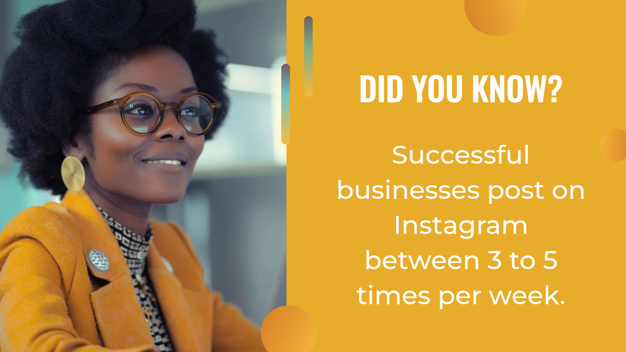 A woman in glasses and a yellow jacket sits next to a graphic stating, "Successful businesses use AI marketing and post on Instagram between 3 to 5 times per week.