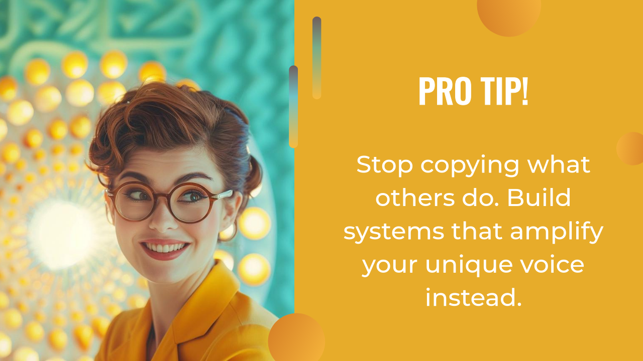 A woman in glasses and a yellow jacket smiles in front of a decorative background. Text beside her reads: "Pro tip! In ai marketing, stop copying what others do. Build systems that amplify your unique voice instead.