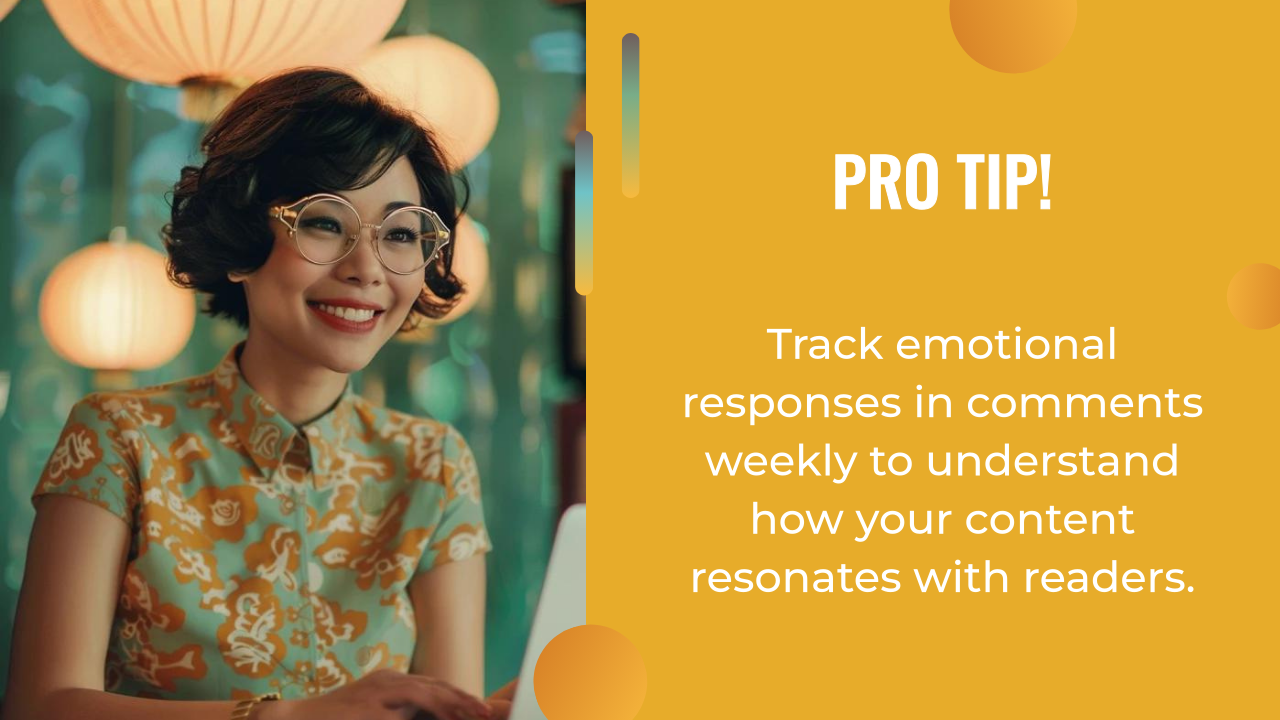 A woman in glasses smiles while using a laptop. Beside her, text reads: "Pro tip! Use AI marketing to track emotional responses in comments weekly and understand how your content resonates with readers.