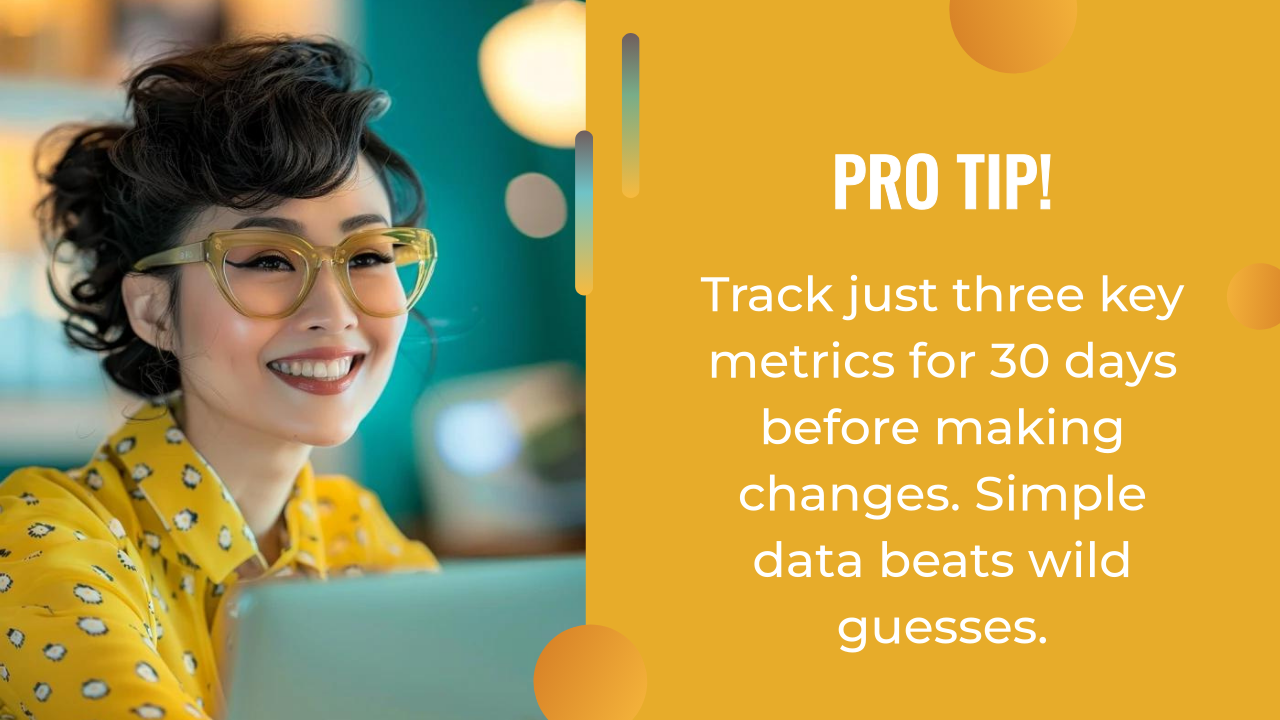 Smiling woman in yellow patterned shirt and glasses sits near a laptop; text beside her offers a tip about using AI marketing automation to track key metrics for 30 days before making changes.