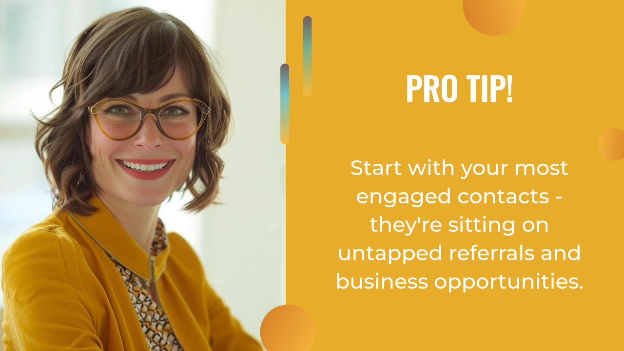 Woman wearing glasses and a mustard yellow jacket smiles, next to text offering a business tip about leveraging engaged contacts—and using AI marketing automation—for referrals and new opportunities.