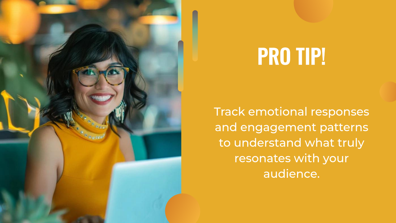 Smiling woman with glasses sits at a laptop; text reads, "Pro Tip! Use an AI marketing strategy to track emotional responses and engagement patterns—discover what truly resonates with your audience.