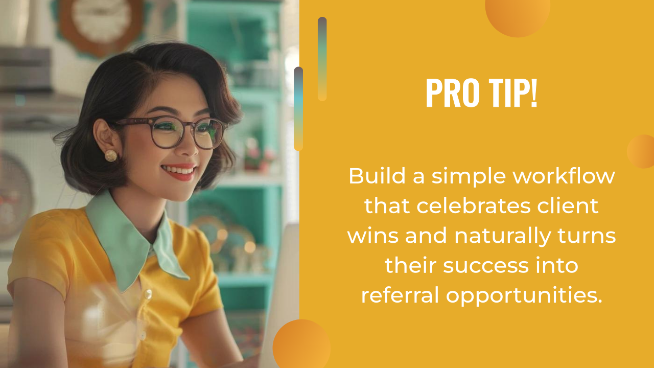 Smiling woman in glasses working at a desk, with a yellow overlay displaying a tip about using AI marketing automation to create workflows that turn client success into referral opportunities.