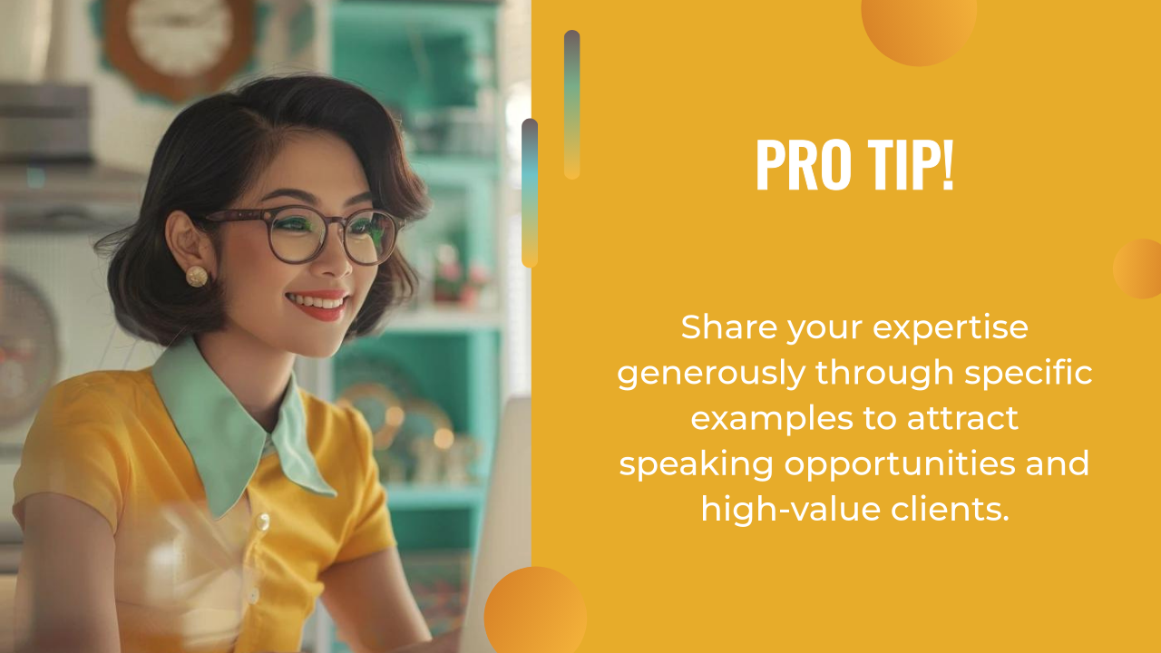A woman in retro-style clothes and glasses smiles at a computer; text suggests that coaches can use lead generation strategies, like sharing expertise, to attract speaking opportunities and clients.