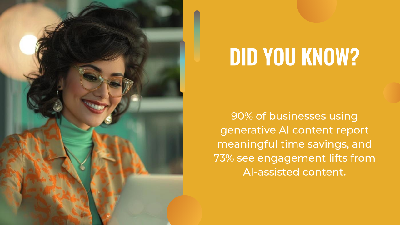 A woman in glasses and an orange jacket smiles at her laptop; text states 90% of businesses save time and 73% see higher engagement using generative AI for content, making it a game-changer for any content marketing agency.