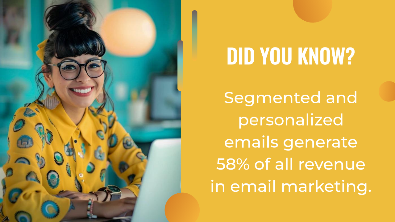Woman smiling at laptop on left; text on right reads, "Segmented and email personalization strategies generate 58% of all revenue in email marketing.