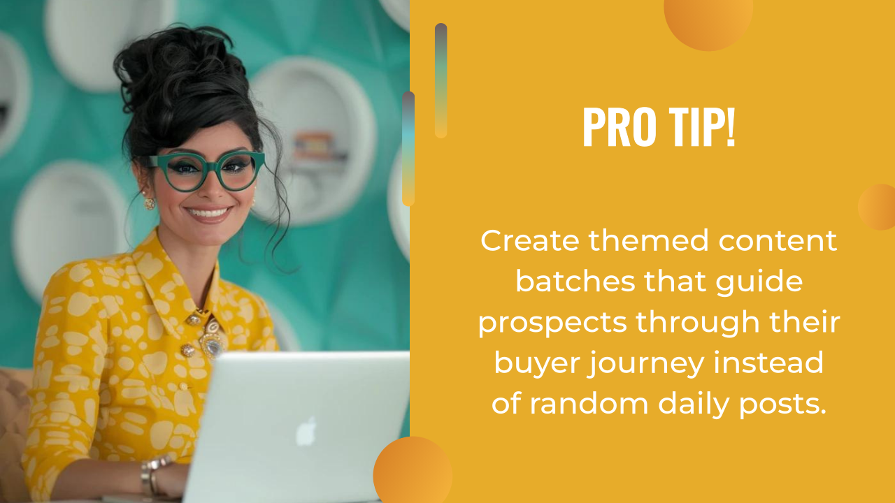 A woman in glasses and a yellow blouse sits at a laptop, next to a tip about using an AI marketing strategy to create themed content batches for buyer journeys instead of posting randomly.