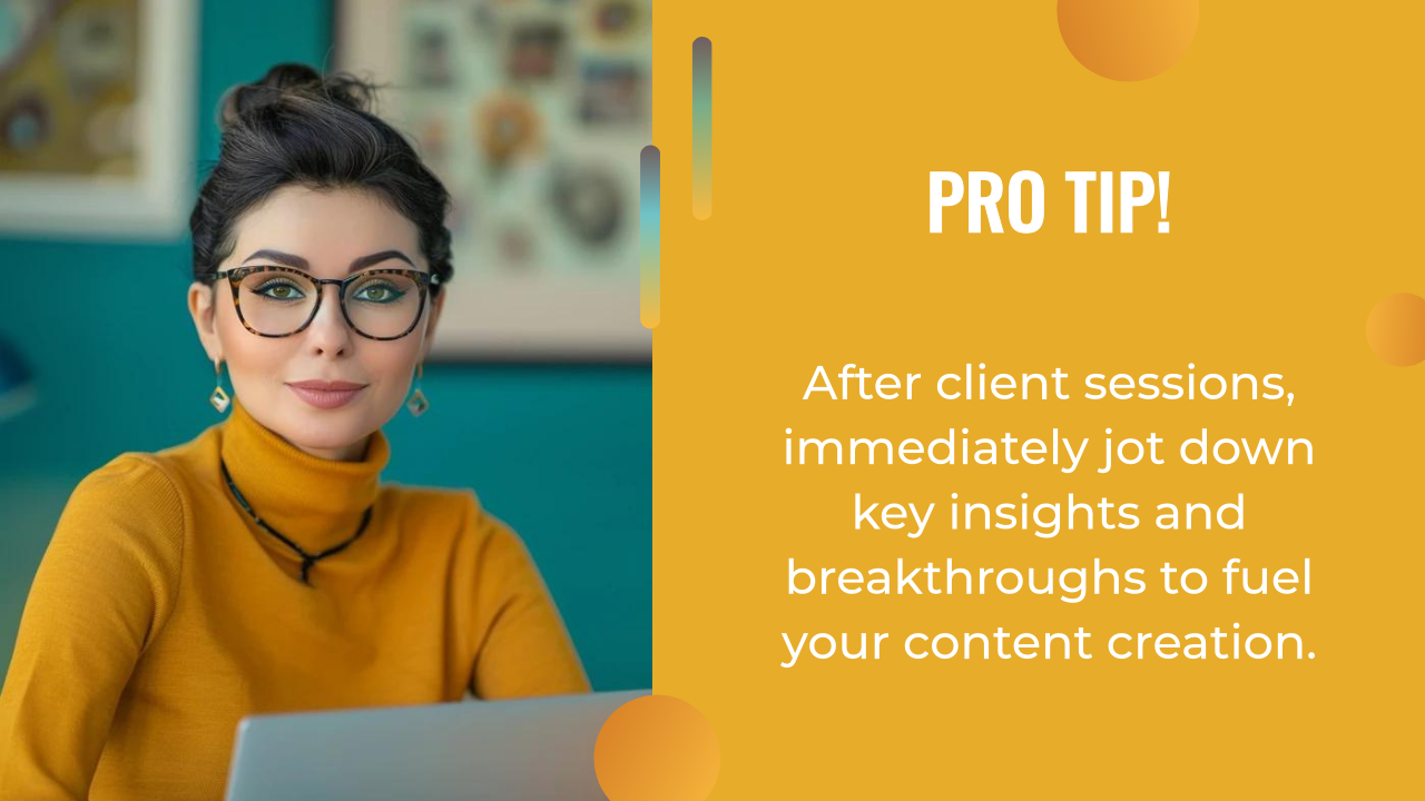 A woman wearing glasses and a yellow turtleneck sits at a desk. Next to her is a tip suggesting the use of an AI writing assistant to jot down insights after client sessions, making content creation easier.