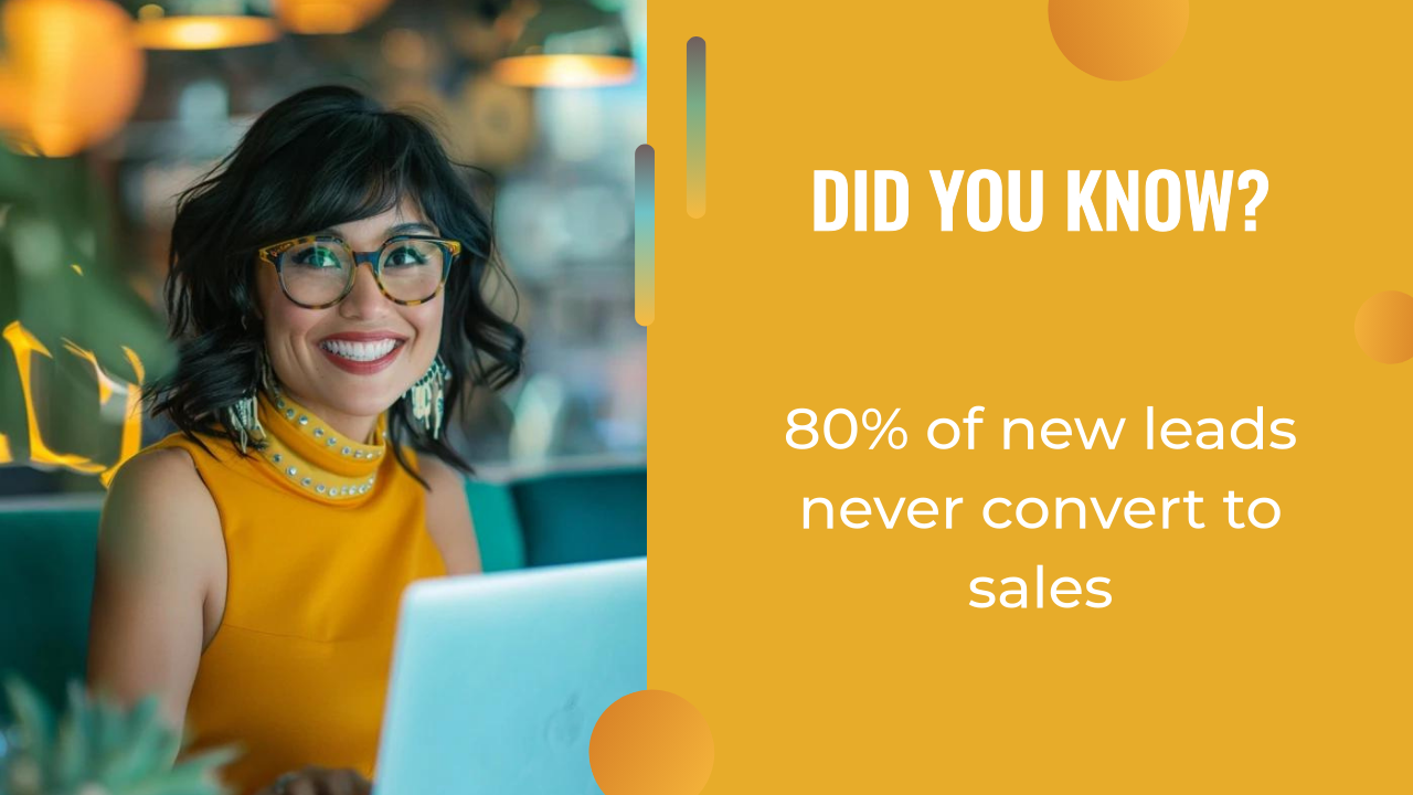 Smiling woman in glasses sits at a laptop; text reads: “Did you know? 80% of new leads never convert to sales—discover how Marketing Automation Strategies can help” on a yellow background.