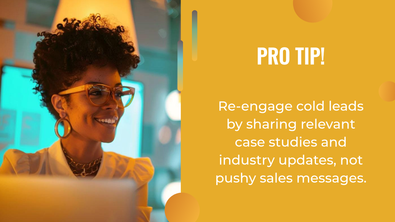 A smiling woman with glasses works at a computer beside a text box with a tip about re-engaging cold leads using ai content strategy, such as sharing case studies and industry updates instead of pushy sales messages.