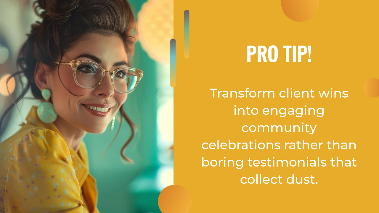 A woman in glasses and a yellow shirt smiles, with a text box beside her offering a tip about turning client wins into engaging community celebrations—an inspiring approach to lead generation for coaches.