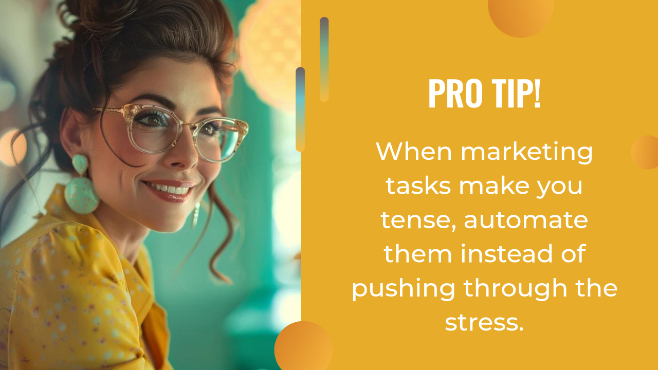 Smiling woman with glasses and a yellow blouse sits next to a marketing tip about using AI marketing automation to reduce stress, displayed on a yellow background.