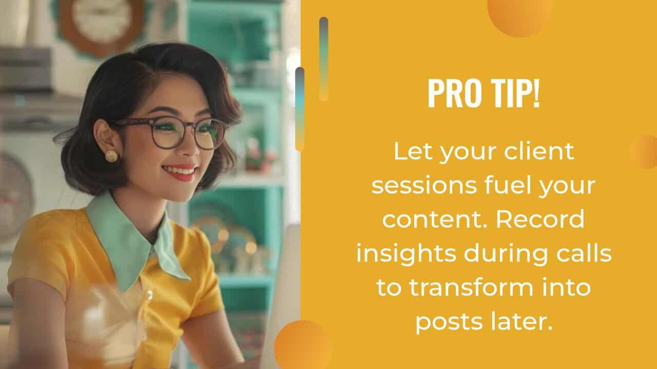 Woman in retro-style clothing and glasses smiles at a computer; text beside her offers a tip about using client sessions and AI content creation to generate ideas for future posts.