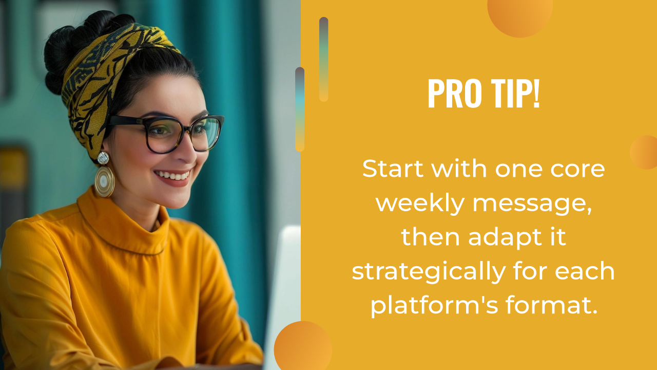 A woman in glasses and a yellow top smiles at a computer. Text reads: "Pro tip! Use ai content creation to start with one core weekly message, then adapt it strategically for each platform's format.