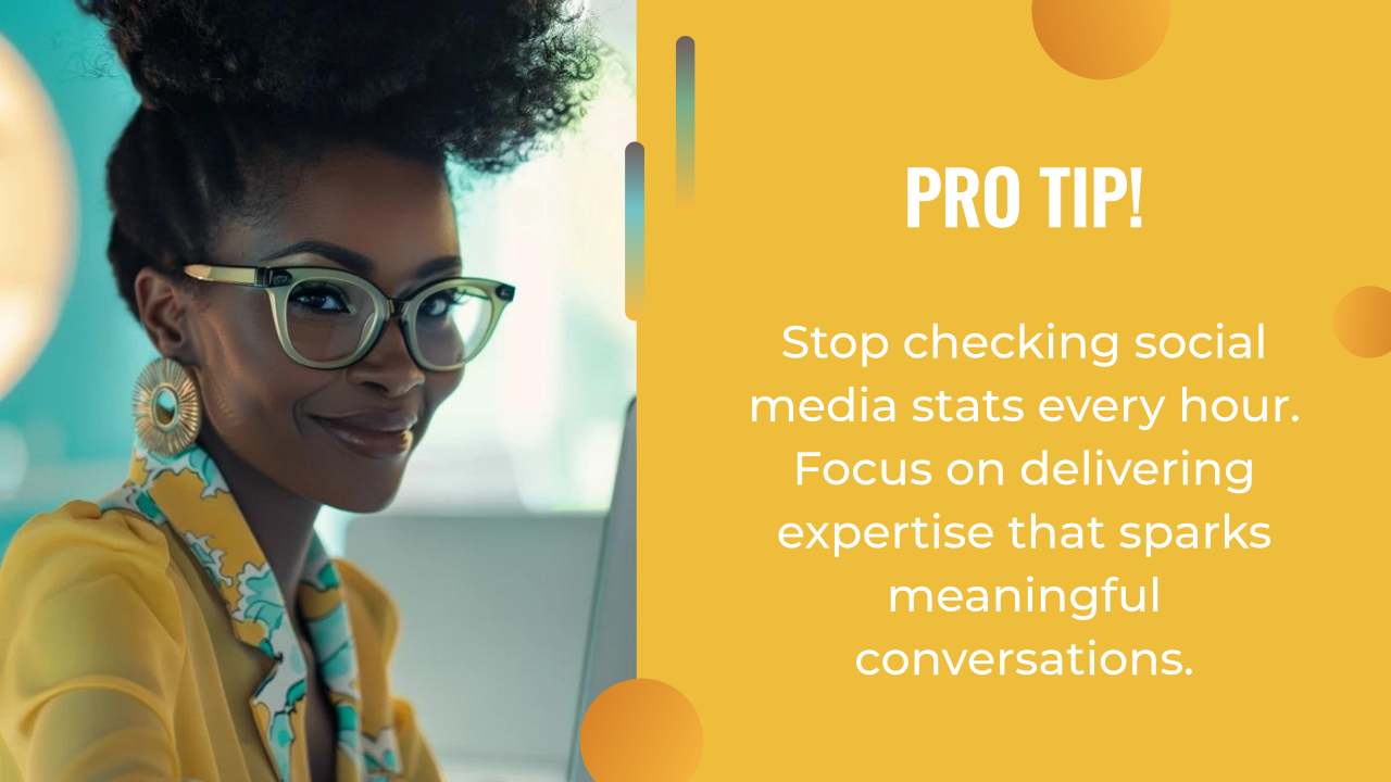 A woman wearing glasses and a yellow blazer sits at a desk; beside her, text advises to focus on expertise and ai content creation rather than checking social media stats frequently.
