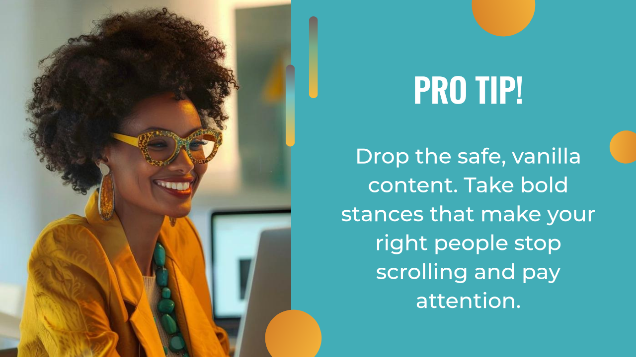 Smiling woman in yellow jacket and patterned glasses works at a laptop; text beside her encourages creating bold, attention-grabbing content with a smart AI content strategy.