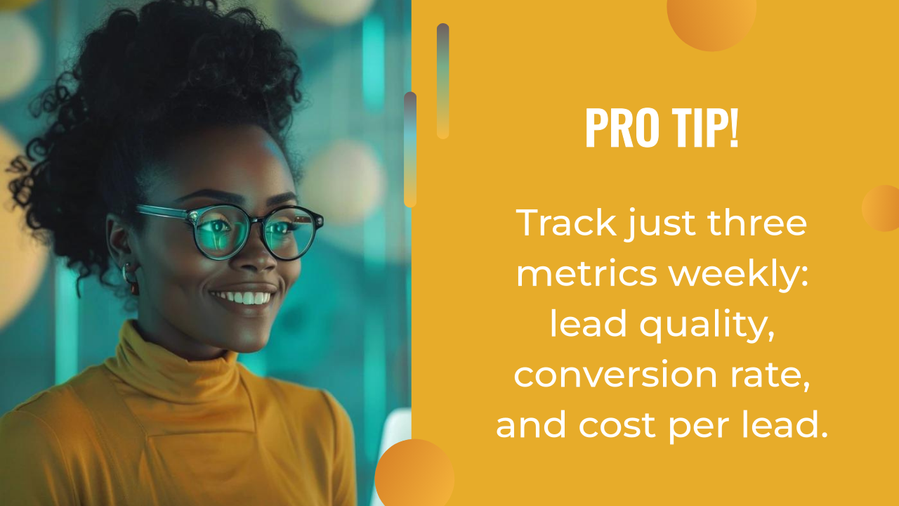 Smiling woman in glasses on left; text on right reads: "PRO TIP! In ai marketing, track just three metrics weekly: lead quality, conversion rate, and cost per lead.