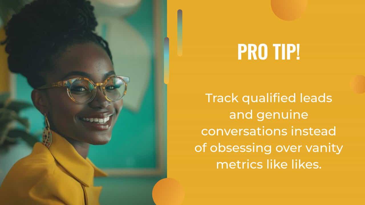A smiling woman in glasses and a yellow blazer sits beside a tip that advises focusing on qualified leads and genuine conversations over vanity metrics like likes—an essential strategy in effective AI marketing.