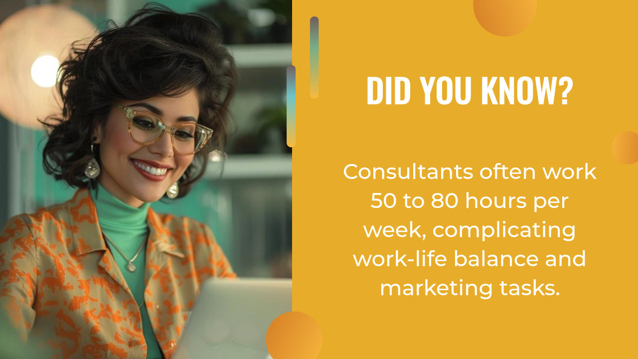 Smiling woman wearing glasses works on a laptop; text beside her states consultants often work 50–80 hours weekly, impacting work-life balance and marketing tasks—ai marketing automation can help lighten this load.