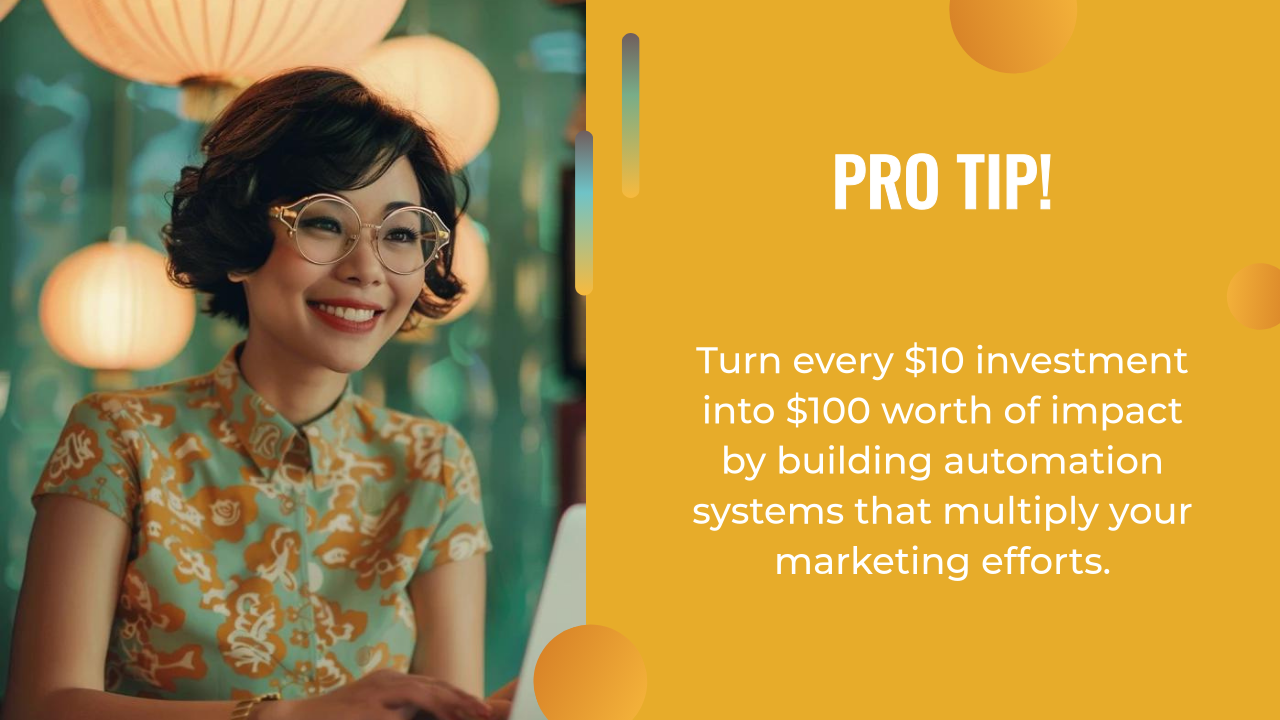 A woman in glasses and a patterned shirt smiles while using a laptop. Text beside her reads: "Pro tip! Turn every $10 investment into $100 impact by building ai marketing automation systems for marketing.